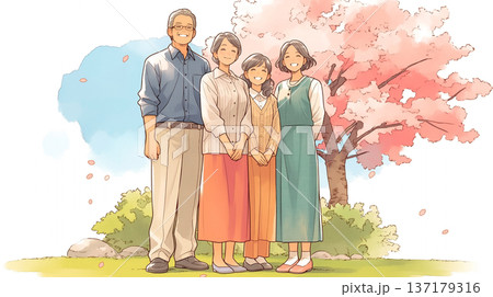 桜咲く春の季節に笑顔で寄り添う親子のあたたかいひとときを表現したイラスト家族の絆と幸福感 桜咲く春の季節に笑顔で寄り添う親子のあたたかいひとときを表現したイラスト家族の絆と幸福感 137179316