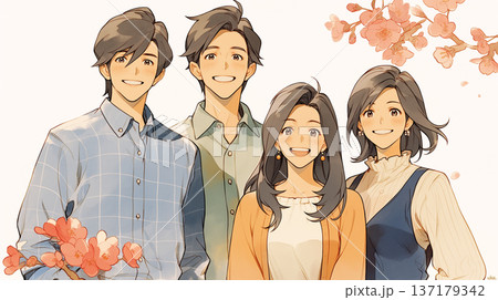 春の桜並木で笑顔あふれる家族の記念写真を撮る幸せな瞬間を描いたイラスト素材背景動画にも最適 春の桜並木で笑顔あふれる家族の記念写真を撮る幸せな瞬間を描いたイラスト素材背景動画にも最適 137179342
