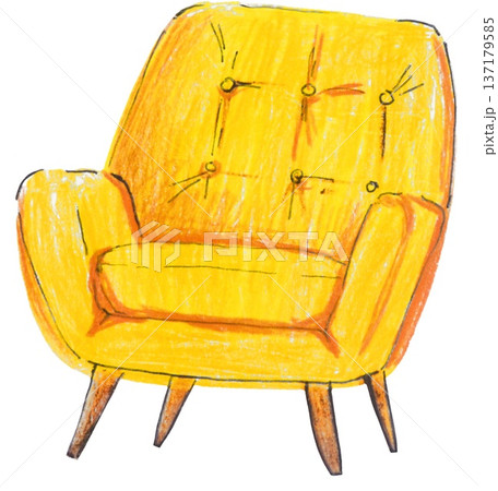 Hand-drawn colored pencil illustration of a modern minimalist yellow armchair, isolated Hand-drawn colored pencil illustration of a modern minimalist yellow armchair, isolated 137179585