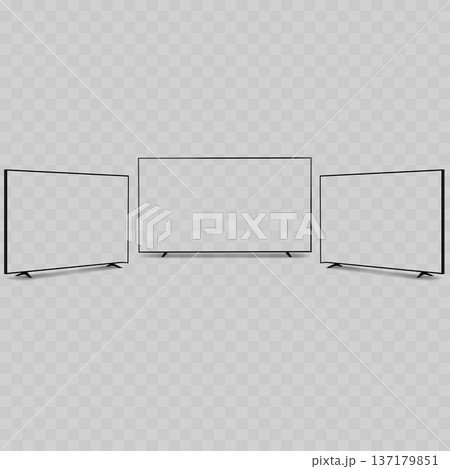 Realistic 4K Smart TV Mockup Set. Vector Flat Screen Television Template with Transparent Display and Stand. 137179851