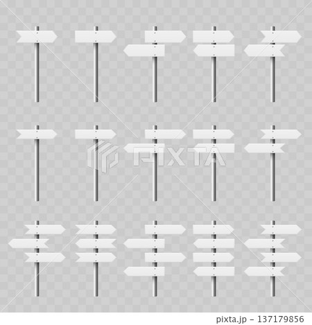 Realistic White Street Signpost Set. Vector Blank Wayfinding Direction Arrow Boards on Metal Poles. 137179856