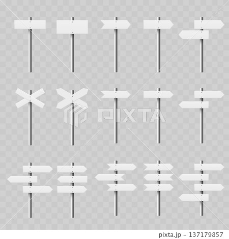Realistic White Street Signpost Set. Vector Blank Wayfinding Direction Arrow Boards on Metal Poles. 137179857