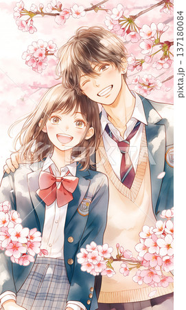 桜満開の春、高校生カップルが手をつないで笑い合う青春のワンシーンを描いたイラスト素材。卒業、入学、友 137180084