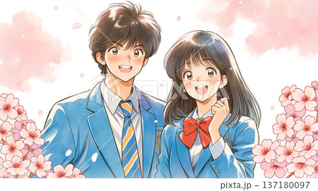 桜咲く春の季節、高校生活の青春と恋愛を描いたイラスト素材。笑顔あふれる制服の男女のカップルと桜並木 137180097