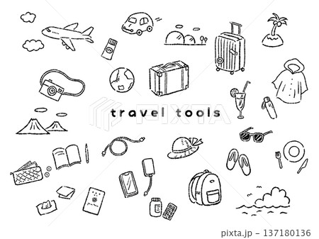 旅行モチーフの手描き風モノクロ線画セット 旅行モチーフの手描き風モノクロ線画セット 137180136