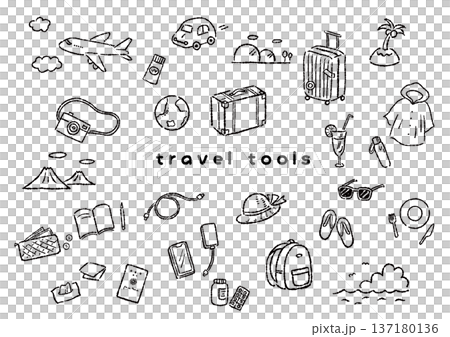 旅行モチーフの手描き風モノクロ線画セット 旅行モチーフの手描き風モノクロ線画セット 137180136