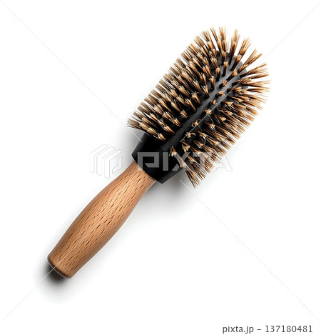 High-Quality Round Hairbrush with Wooden Handle and Nylon Bristles for Styling and Volumizing 137180481