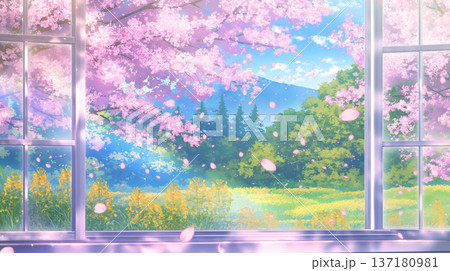 やわらかな光に包まれた窓辺と春の花々を描いた水彩イラスト、満開の花と舞う花びらが印象的な背景素材 やわらかな光に包まれた窓辺と春の花々を描いた水彩イラスト、満開の花と舞う花びらが印象的な背景素材 137180981