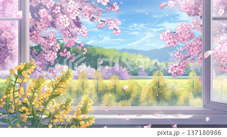 やわらかな光に包まれた窓辺と春の花々を描いた水彩イラスト、満開の花と舞う花びらが印象的な背景素材 137180986
