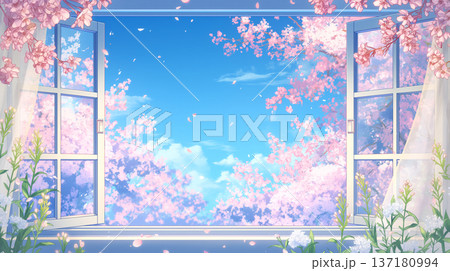 開いた窓から広がる春の花景色を表現した水彩タッチのイラスト、舞い散る花びらと明るい空気感 137180994