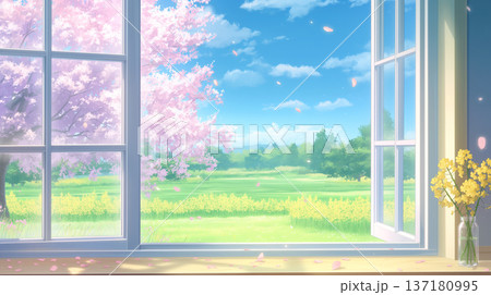 やわらかな光に包まれた窓辺と春の花々を描いた水彩イラスト、満開の花と舞う花びらが印象的な背景素材 137180995