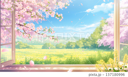 開いた窓から広がる春の花景色を表現した水彩タッチのイラスト、舞い散る花びらと明るい空気感 137180996