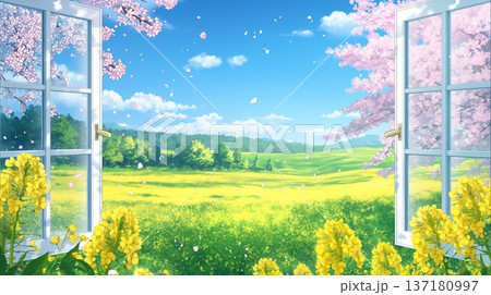 開いた窓から広がる春の花景色を表現した水彩タッチのイラスト、舞い散る花びらと明るい空気感 137180997