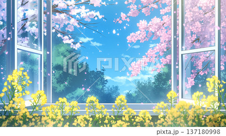 開いた窓から広がる春の花景色を表現した水彩タッチのイラスト、舞い散る花びらと明るい空気感 137180998