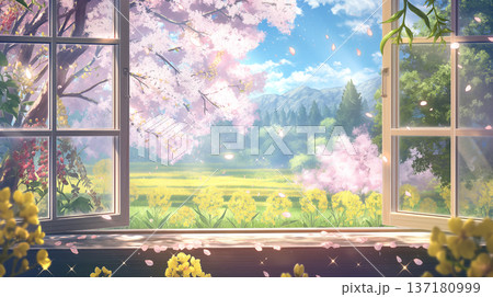 開いた窓から広がる春の花景色を表現した水彩タッチのイラスト、舞い散る花びらと明るい空気感 137180999