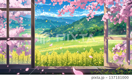 開いた窓から広がる春の花景色を表現した水彩タッチのイラスト、舞い散る花びらと明るい空気感 137181000