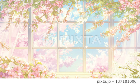 開いた窓から広がる春の花景色を表現した水彩タッチのイラスト、舞い散る花びらと明るい空気感 137181006