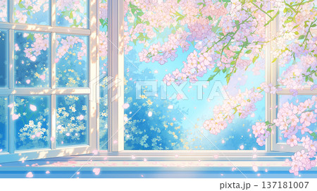 開いた窓から広がる春の花景色を表現した水彩タッチのイラスト、舞い散る花びらと明るい空気感 137181007