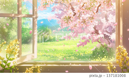 開いた窓から広がる春の花景色を表現した水彩タッチのイラスト、舞い散る花びらと明るい空気感 137181008