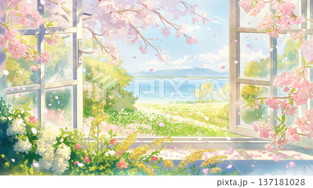窓辺に広がる春の花景色を描いた水彩イラスト、舞い散る花びらとやわらかな光が差し込む室内風景 137181028