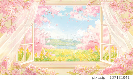 春の花が咲き誇る庭を室内から眺める水彩風イラスト、舞い落ちる花びらと光の演出が印象的な背景素材 137181041