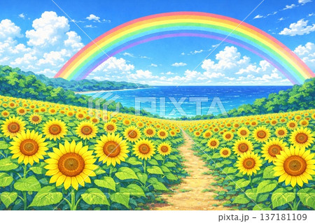 夏の風景　ひまわり　虹　海　青空　アニメ風 137181109