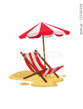 Red and White Striped Beach Chair and Umbrella Summer Stock Illustration. 137181356