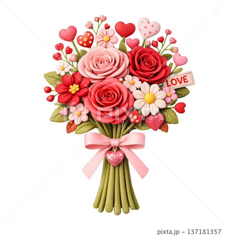 beautiful bouquet of pink roses and ribbons 137181357