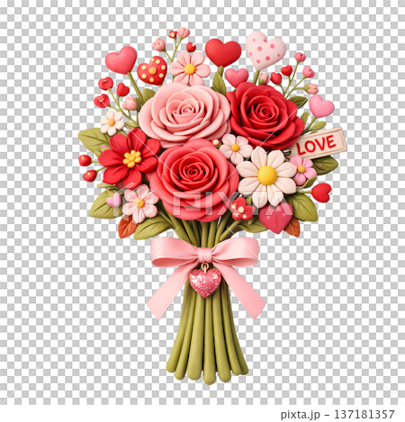 beautiful bouquet of pink roses and ribbons 137181357