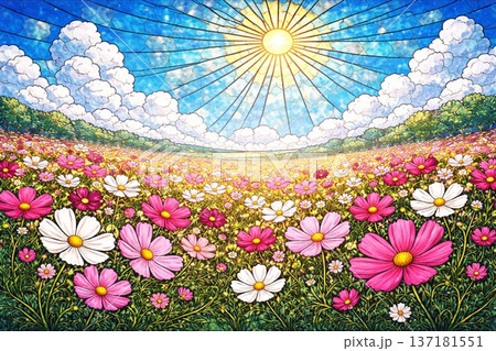 コスモス畑　秋桜　自然風景　水彩画 137181551