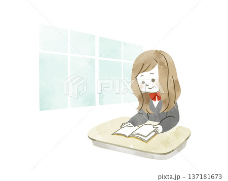 教室で本を読んでいる女子学生-水彩 137181673