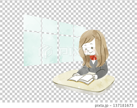 教室で本を読んでいる女子学生-水彩 137181673