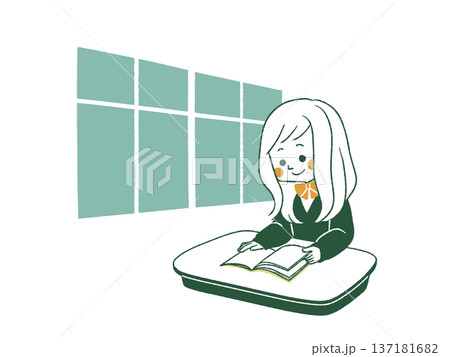 教室で本を読んでいる女子学生-4色 教室で本を読んでいる女子学生-4色 137181682