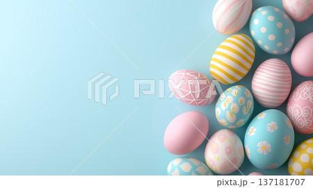 Colorful Decorative Easter Eggs on Soft Blue Background for Holiday Celebrations 137181707