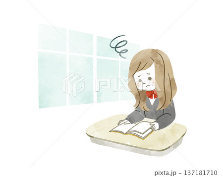 教室で本を読んでいる困った表情の女子学生-水彩 教室で本を読んでいる困った表情の女子学生-水彩 137181710