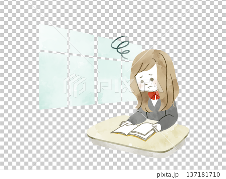 A troubled female student reading a book in the classroom - watercolor 137181710