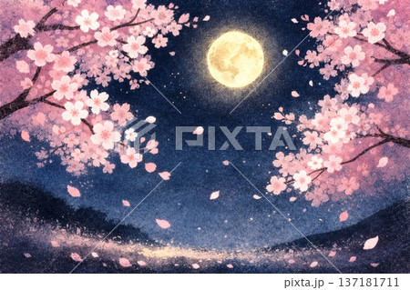 夜桜　満開　桜　春　夜景　砂絵風 137181711
