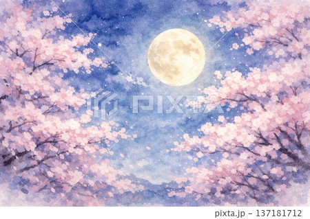 夜桜 満開 桜 春 夜景 水彩画のイラスト素材 [137181712] - PIXTA