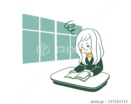 教室で本を読んでいる困った表情の女子学生-4色 教室で本を読んでいる困った表情の女子学生-4色 137181713