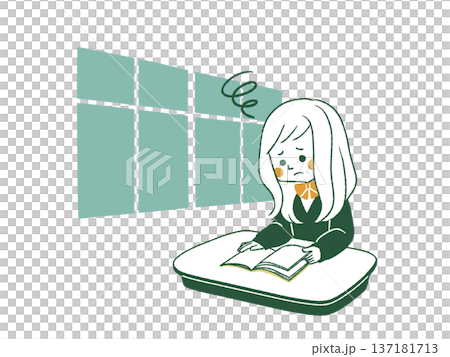 A female student with a troubled expression reading a book in the classroom - 4 colors 137181713