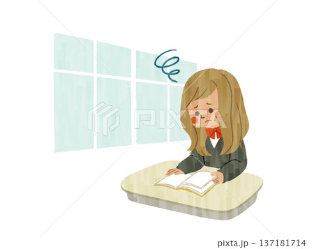 教室で本を読んでいる困った表情の女子学生-ガッシュ 137181714