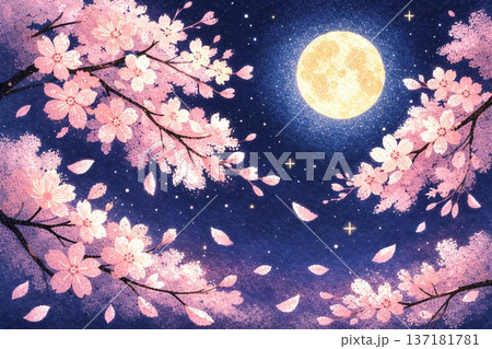 夜桜　満開　桜　春　夜景　砂絵風 137181781