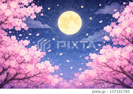 夜桜　満開　桜　春　夜景　貼り絵風 137181785