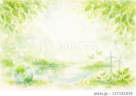 新緑 水のある風景 エコ 自然イメージ 水彩画 新緑 水のある風景 エコ 自然イメージ 水彩画 137181839