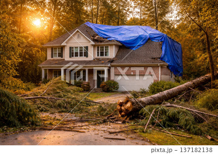 House has tarp on its damaged roof with fallen tree branches scattered nearby as sun sets 137182138
