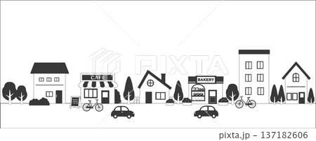 家とカフェとベーカリーが並ぶ街並みのイラスト バナーイラスト 家とカフェとベーカリーが並ぶ街並みのイラスト バナーイラスト 137182606