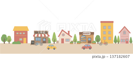 家とカフェとベーカリーが並ぶ街並みのイラスト バナーイラスト 137182607