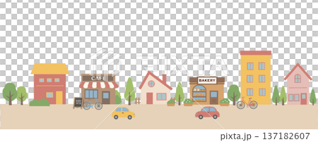 家とカフェとベーカリーが並ぶ街並みのイラスト バナーイラスト 137182607