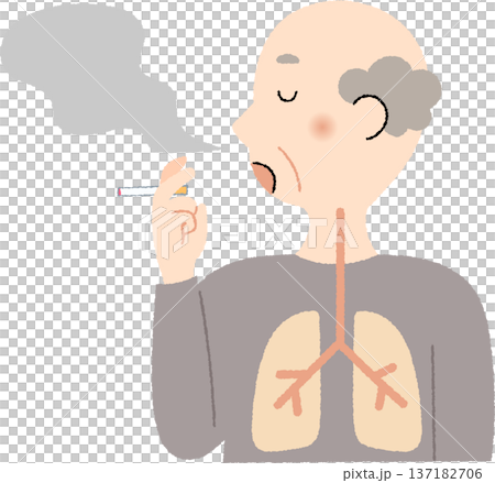 タバコを吸うシニア男性の煙と肺 137182706