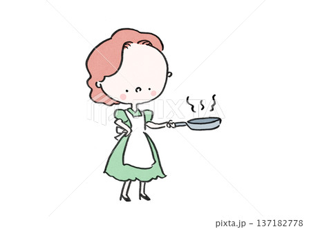 エプロンをつけてフライパンで料理をするレトロでチャーミングな主婦(家事・ライフスタイル) エプロンをつけてフライパンで料理をするレトロでチャーミングな主婦(家事・ライフスタイル) 137182778